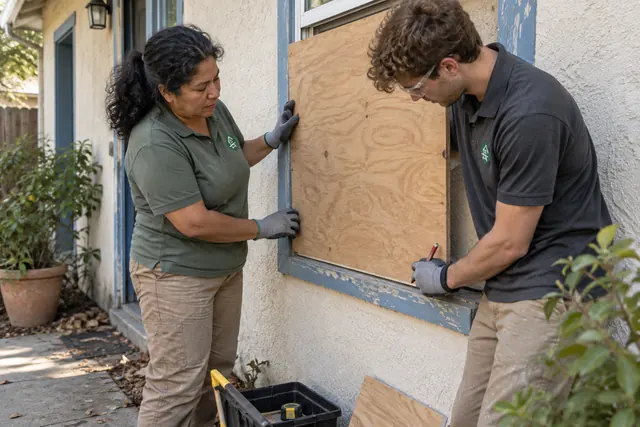 Two workers holding a plywood window panel while marking its fastener positions