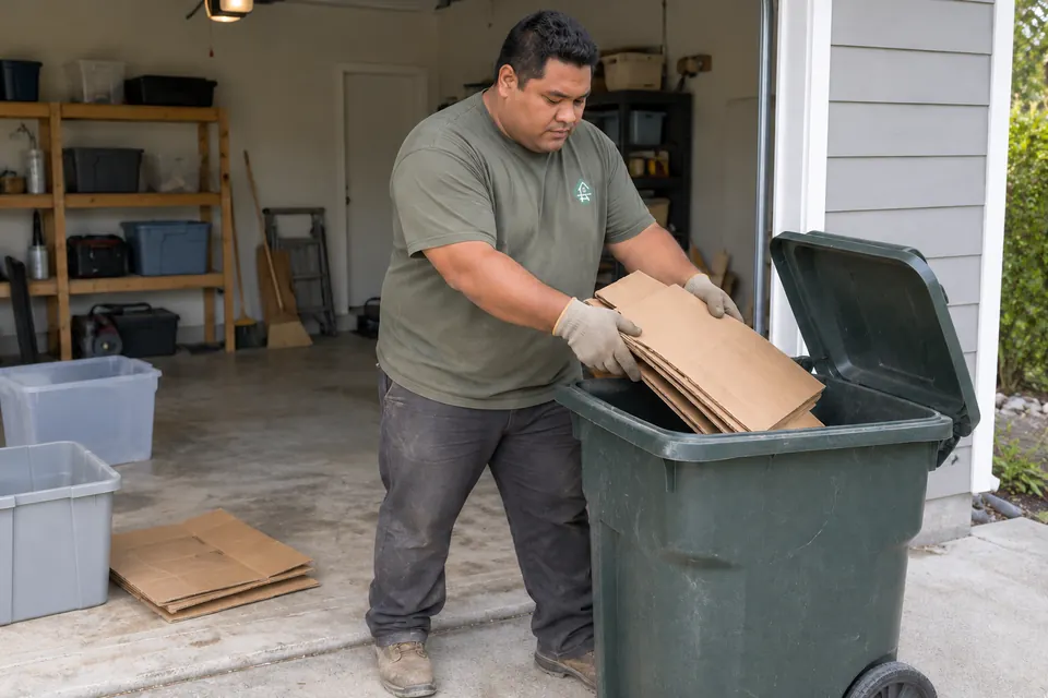 Worker loading loose cardboard and light debris into a wheeled bin inside a garage