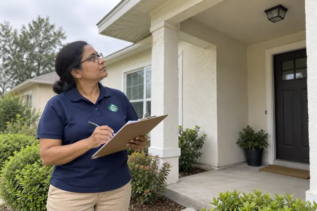 Worker in a clean polo reviewing a property checklist by a front entry