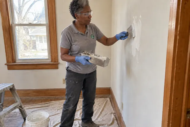 Worker applying joint compound to a small wall patch in an unfurnished room