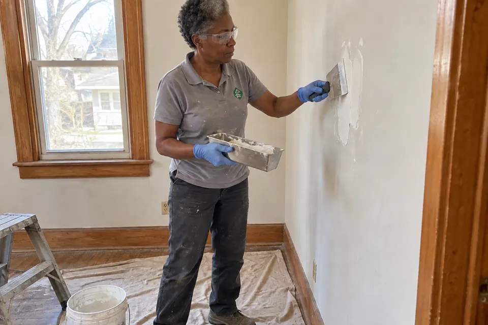 Worker applying joint compound to a small wall patch in an unfurnished room