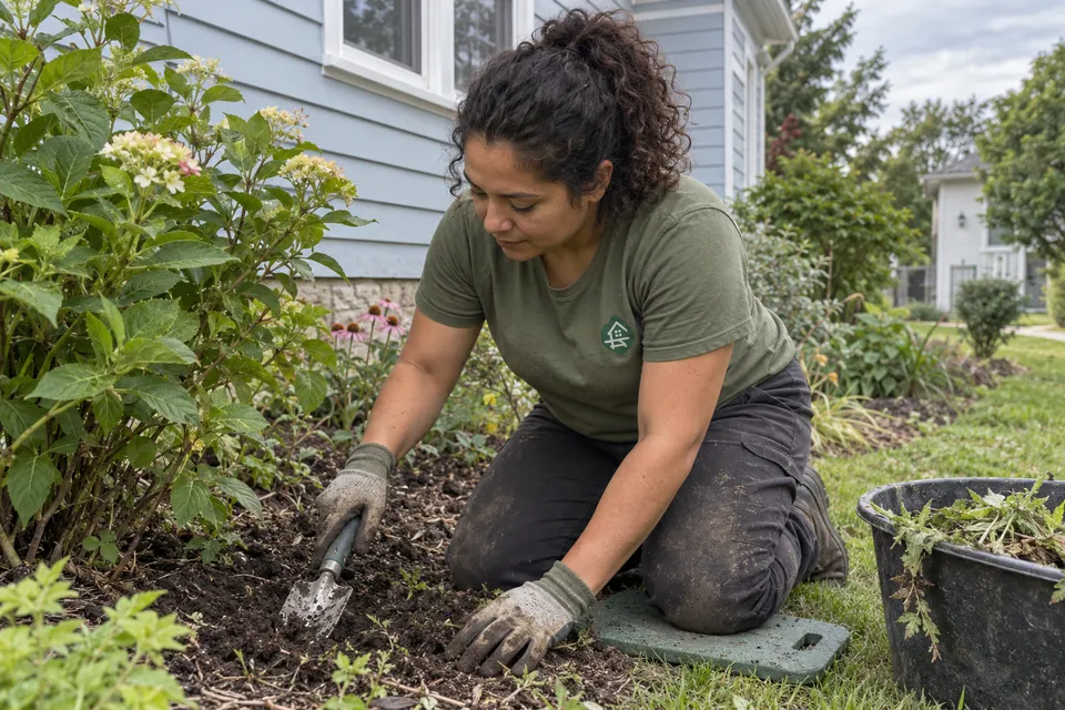 Worker tending a planting bed with soil on gloves and knees