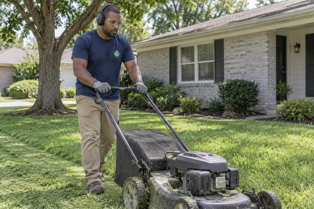 Worker mowing a residential lawn with light grass dust on work clothes