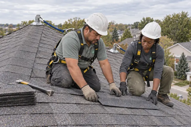 Two roof workers checking replacement shingles while wearing connected fall-protection harnesses
