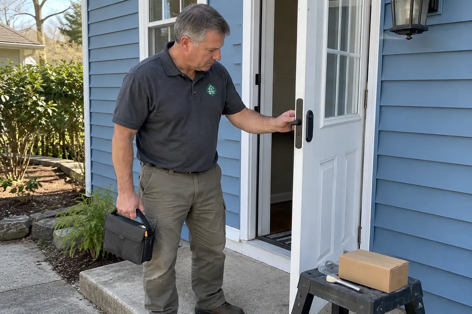 Worker checking newly fitted entry hardware beside a residential door