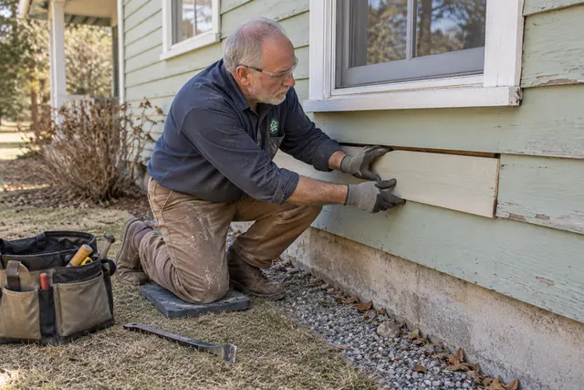 Worker fitting a short replacement siding board along the lower wall of a home