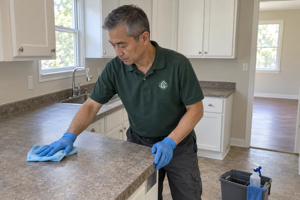 Worker in a clean uniform and gloves wiping an empty home's kitchen counter