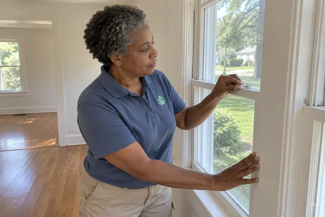 Worker in a clean shirt checking a window latch in an empty home