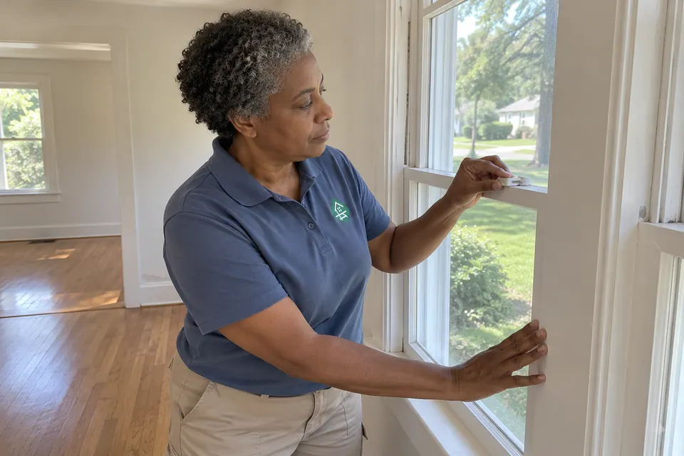 Worker in a clean shirt checking a window latch in an empty home