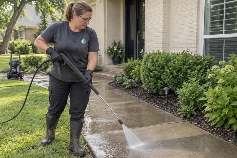 Worker pressure washing a walkway in safety glasses and a damp work shirt