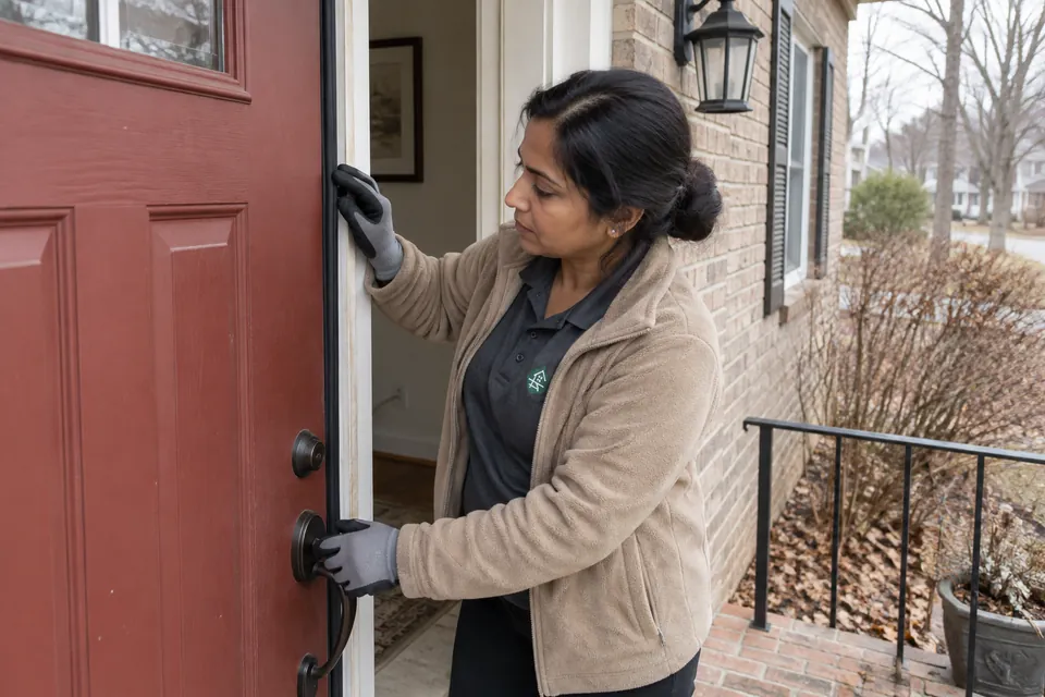 Worker checking weatherstripping along an open exterior door before cold weather