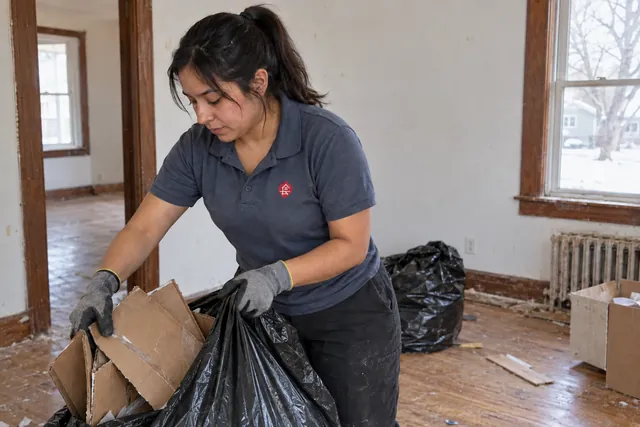 Worker collecting cardboard and small debris in an empty rental room