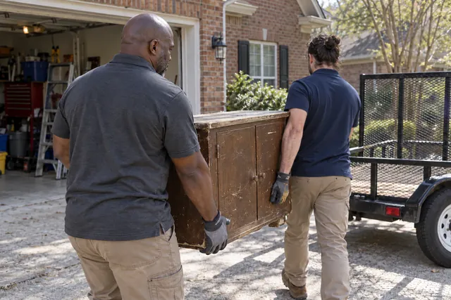 Two workers carrying an old cabinet toward a driveway cleanout trailer
