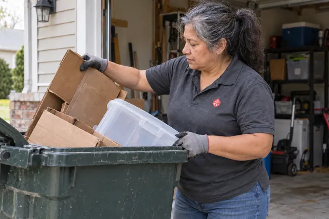 Worker loading discarded cardboard and storage items into a garage cleanout bin