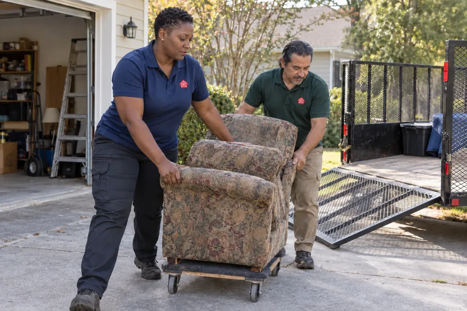 Workers moving an old armchair along a driveway with a furniture dolly