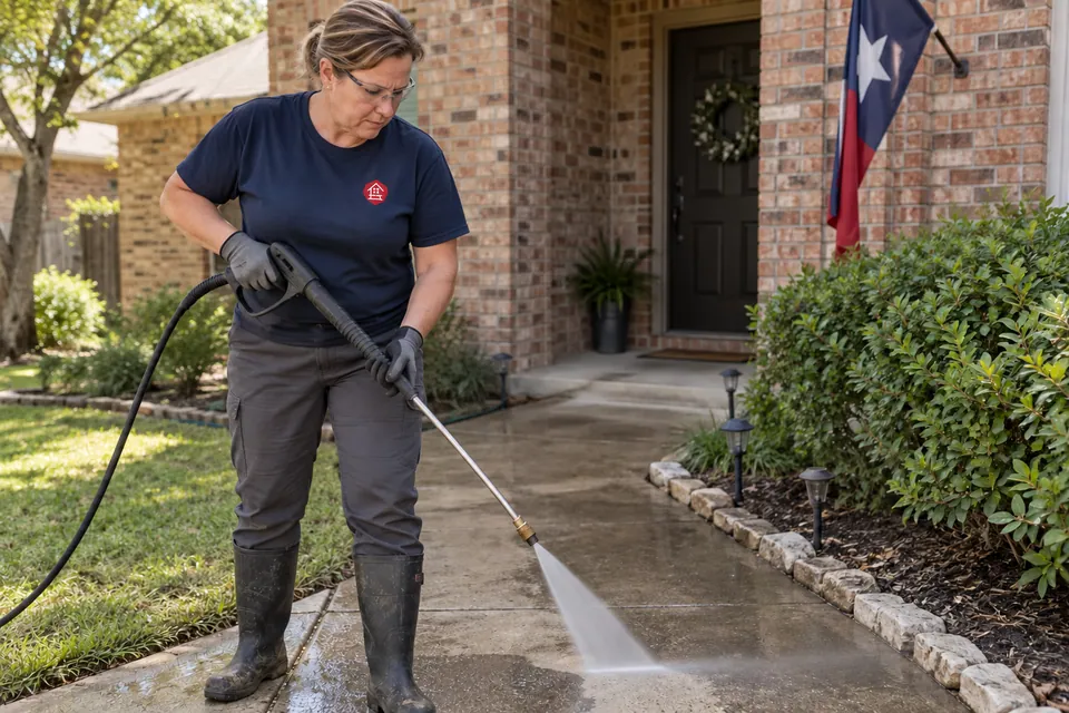 Worker pressure washing a concrete walkway beside a brick house
