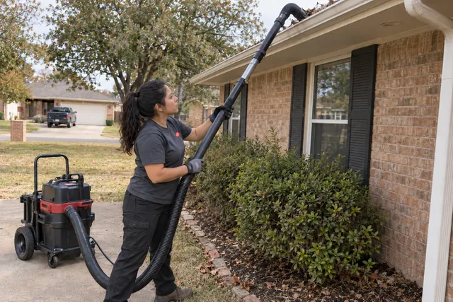 Worker using a telescopic gutter-cleaning pole from ground level