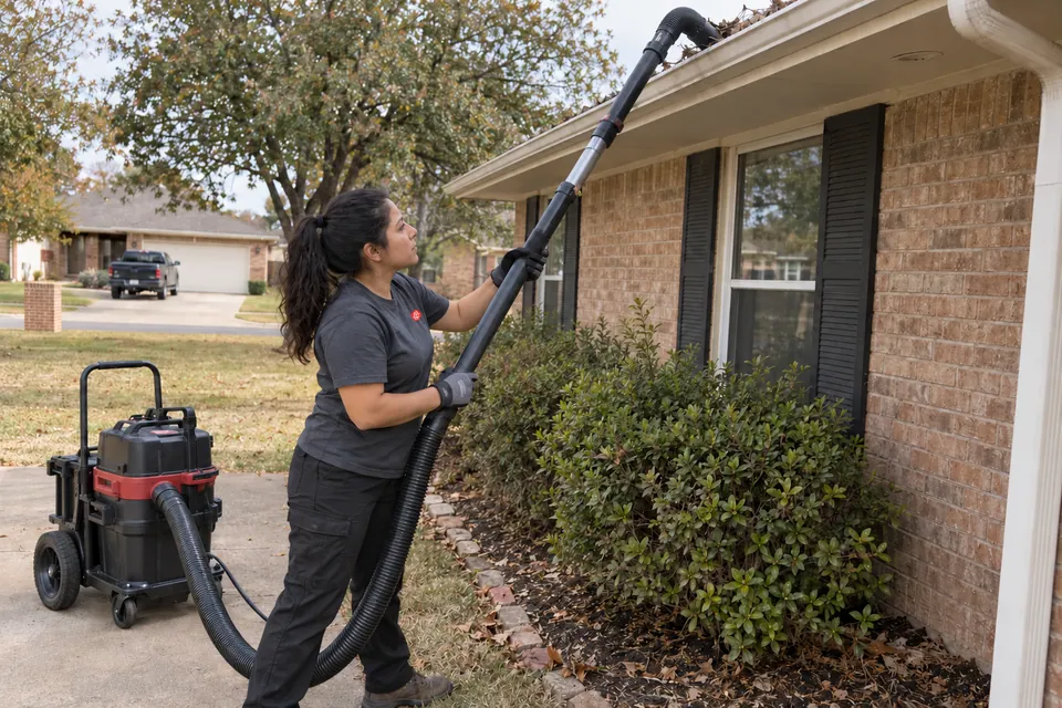 Worker using a telescopic gutter-cleaning pole from ground level