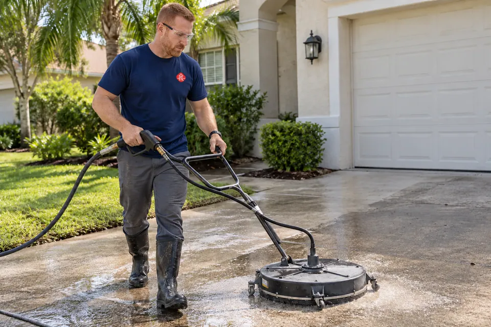 Worker pressure washing a driveway with a circular surface cleaner