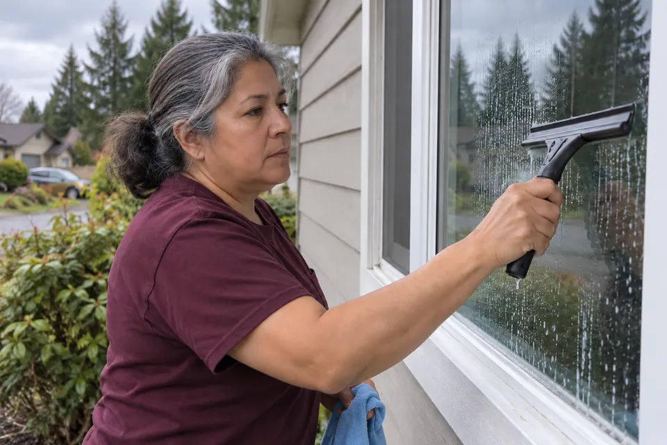 Worker washing a ground-floor exterior window with a squeegee