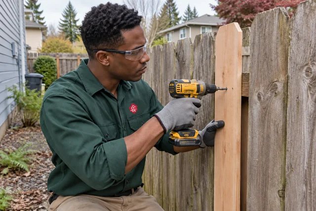 Worker replacing a wooden fence board in a residential side yard