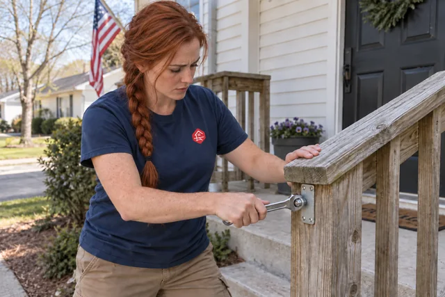 Worker tightening hardware on a low wooden porch handrail