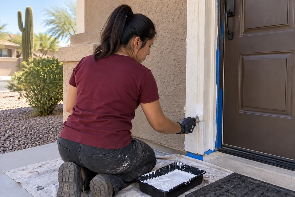Worker painting repaired door trim at a covered home entrance