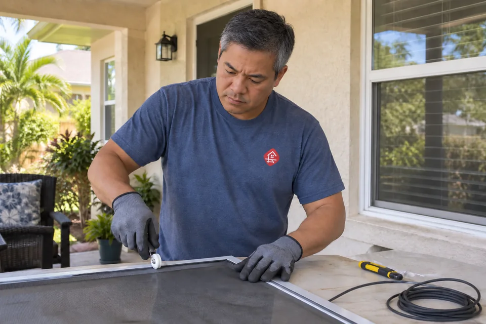 Worker fitting replacement window screen mesh on a porch work table