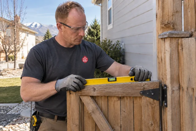 Worker checking the alignment of a wooden fence gate with a spirit level