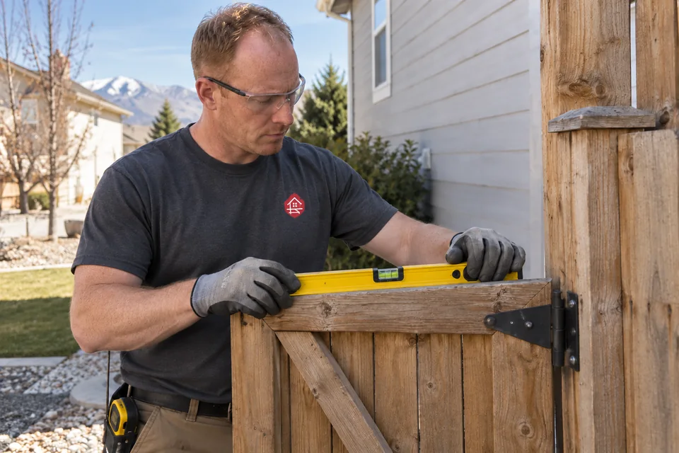 Worker checking the alignment of a wooden fence gate with a spirit level