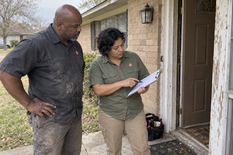 Field workers reviewing a work order beside the entrance of a residential property
