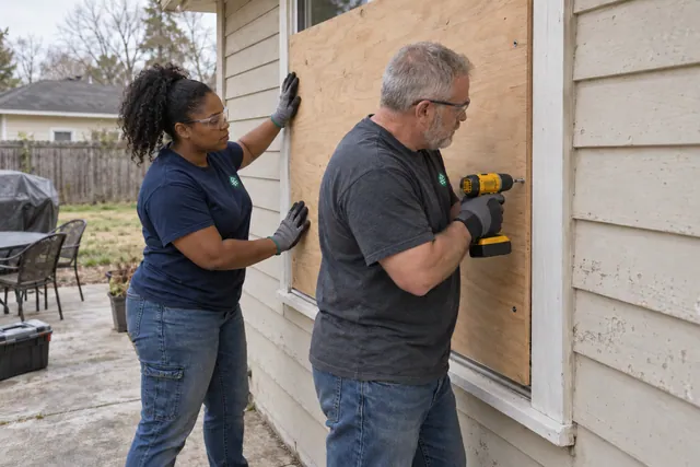 Two workers fitting a plywood panel over a residential window
