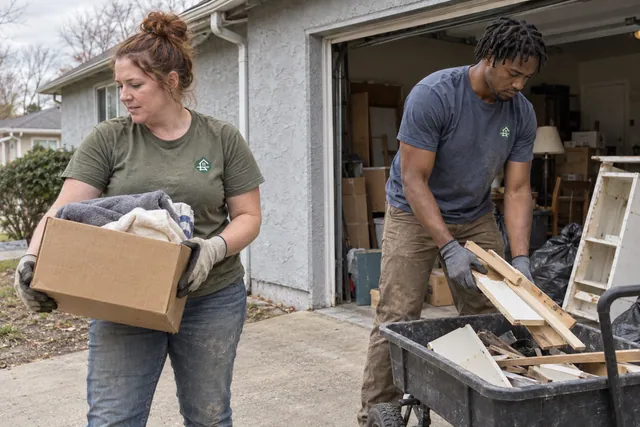 Two workers sorting ordinary household debris into containers