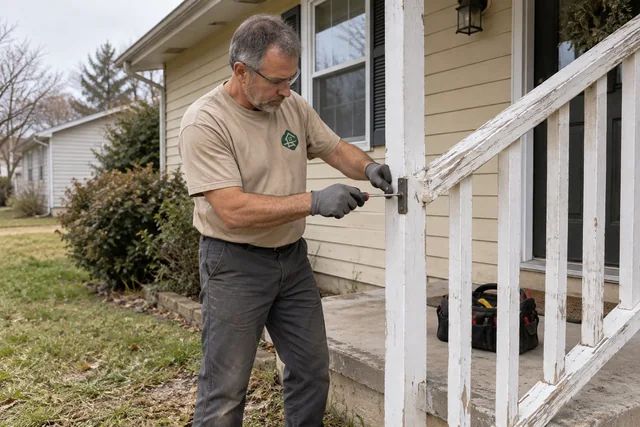 Worker tightening a loose porch railing bracket beside a house