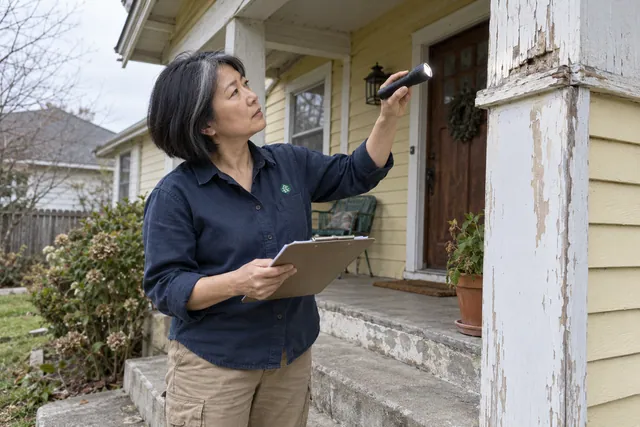 Worker reviewing a checklist beside a residential front entry