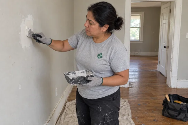 Worker smoothing a small wall patch in an empty room