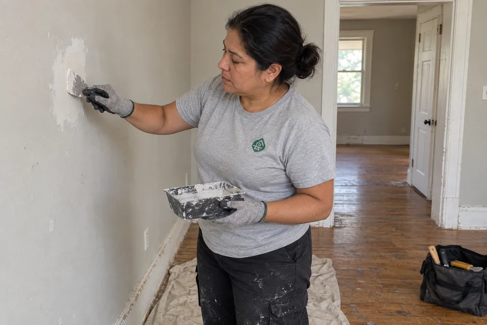 Worker smoothing a small wall patch in an empty room