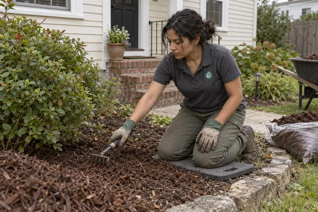 Worker spreading mulch around a shrub beside a home's front steps