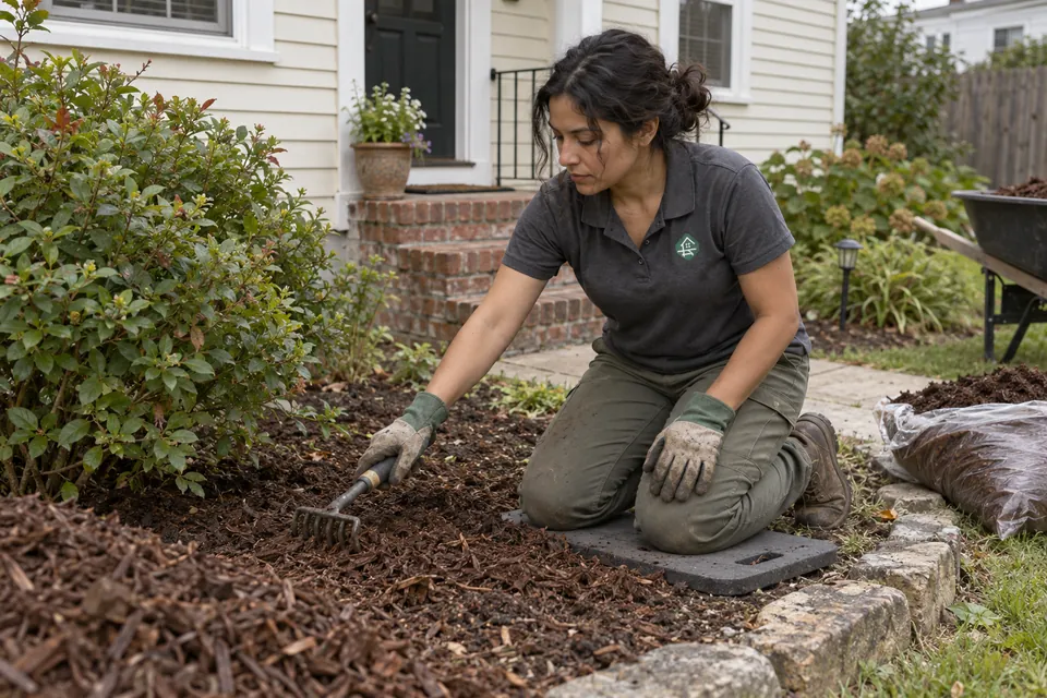 Worker spreading mulch around a shrub beside a home's front steps