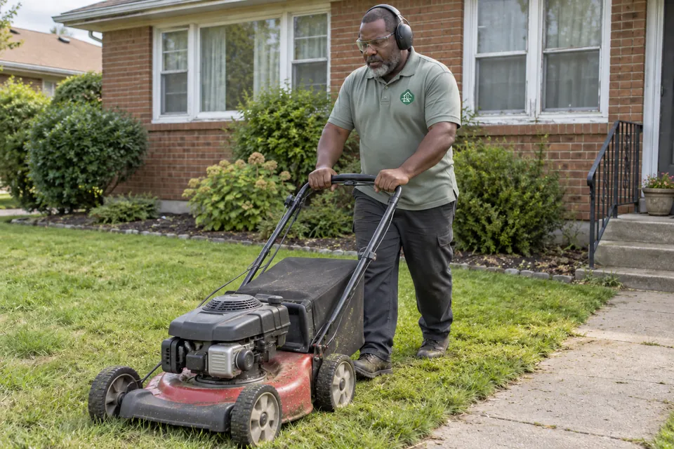 Worker guiding a walk-behind mower beside a worn path at a modest brick home