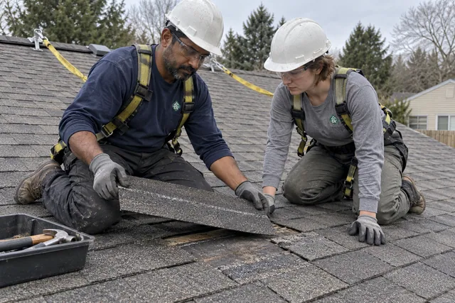 Two workers preparing a small shingle repair with roof fall protection