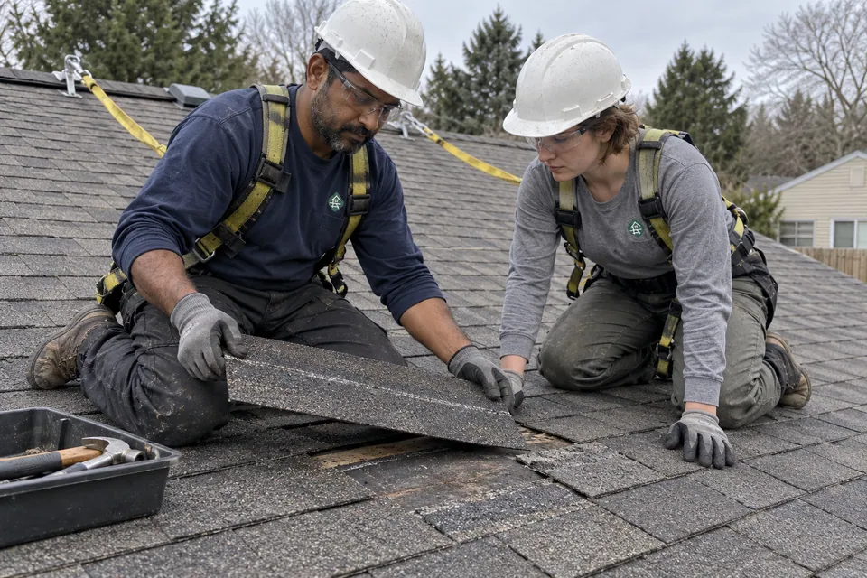 Two workers preparing a small shingle repair with roof fall protection