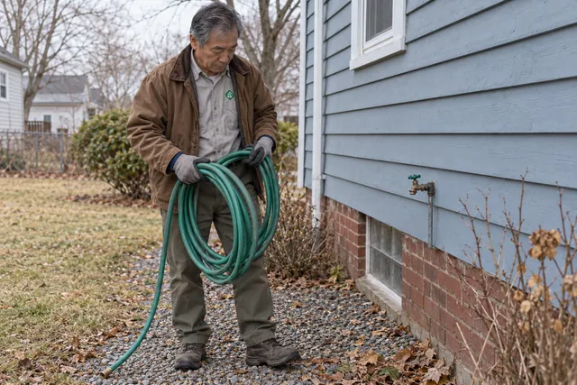 Worker coiling a disconnected garden hose beside a home for seasonal storage