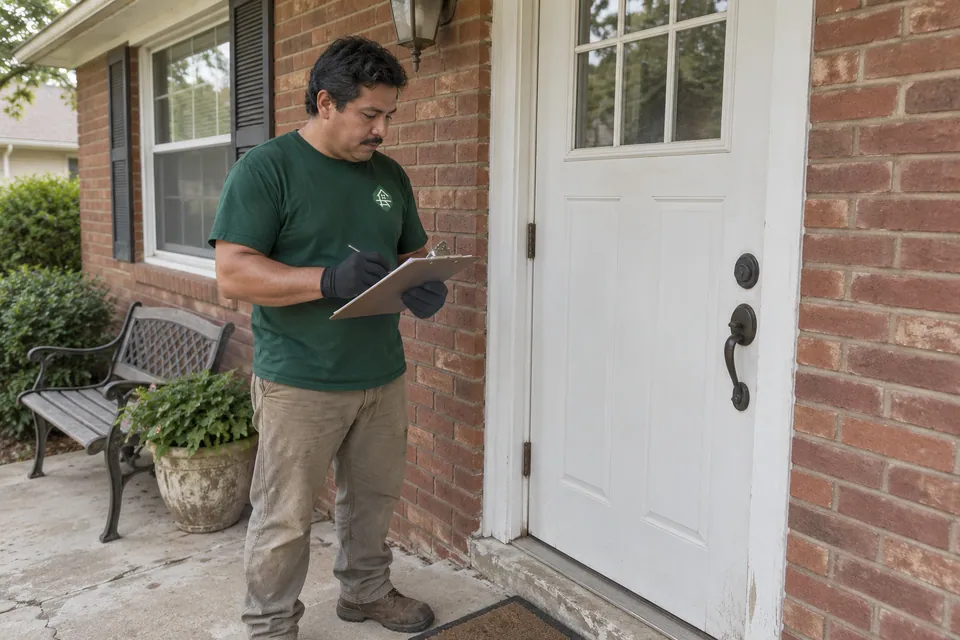 Worker checking the condition of an exterior door and frame