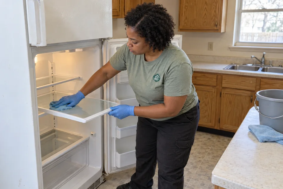 Worker wiping the inside of a refrigerator in an empty rental kitchen