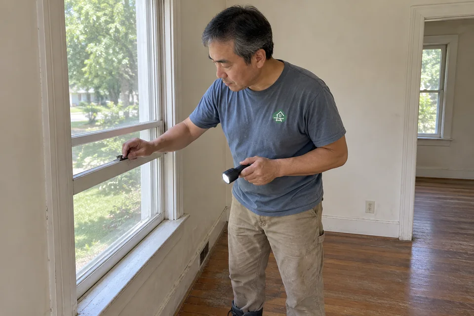 Worker checking a window latch in an unfurnished home