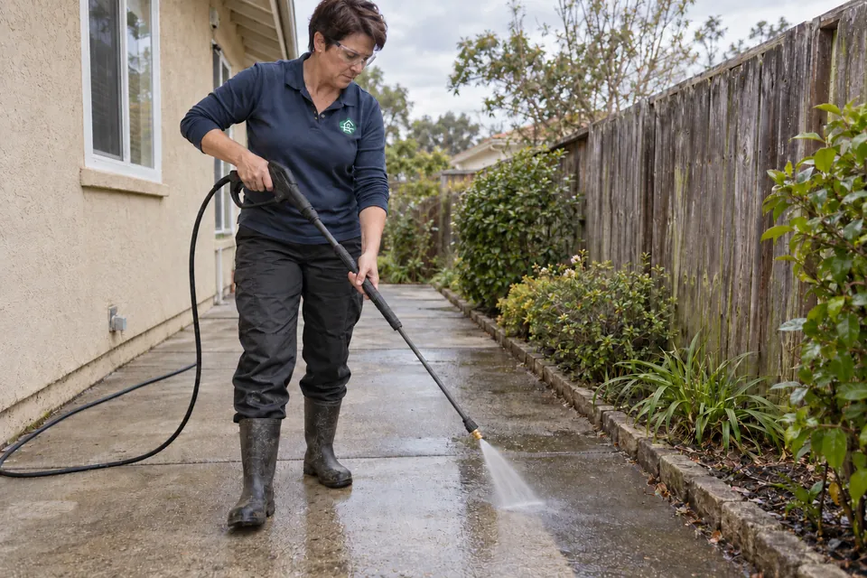Worker pressure washing a concrete path beside a stucco home