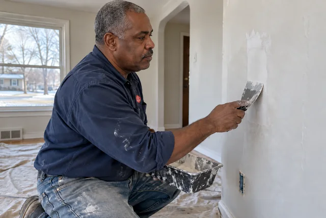 Worker smoothing a small drywall patch with a taping knife