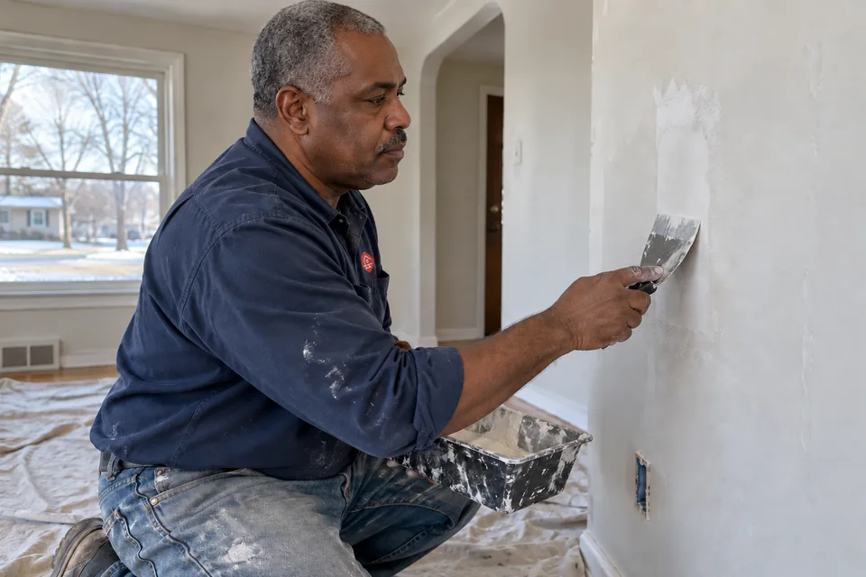 Worker smoothing a small drywall patch with a taping knife