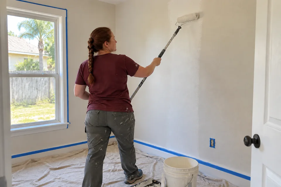 Worker repainting the wall of an empty rental bedroom